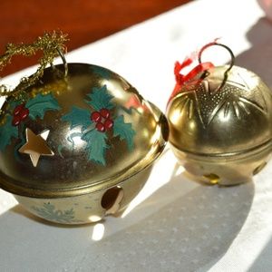 2 Vintage Ornaments Gold Tone Hand Painted Holly